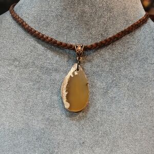 Handmade Brown Braided Cord Necklace with Yellow Agate Teardrop Pendant